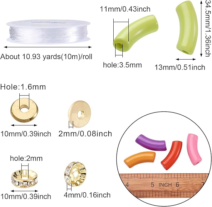 60Pcs Acrylic Chunky Tube Beads with Rondelle Brass Rhinestone Spacer Beads & Elastic Crystal Thread, 10 Colors Opaque Curved Tube Beads for Bamboo Bangles Bracelet Jewelry Making