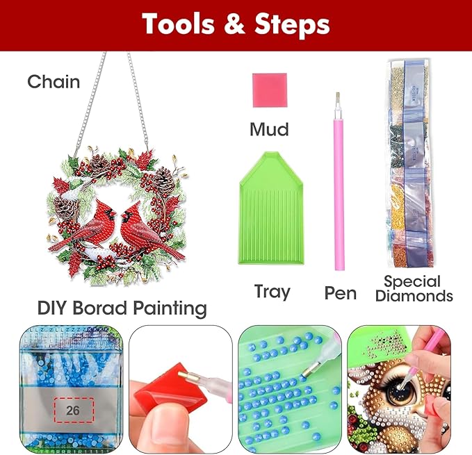 Miwixy Christmas Hanging Diamond Art Kits for Adults,Cardinal Special Shaped Crystal Birds Diamond Painting Ornament Kit DIY Double-Sided Pattern Window Pendant Gem Art Kit for Home Wall Decor