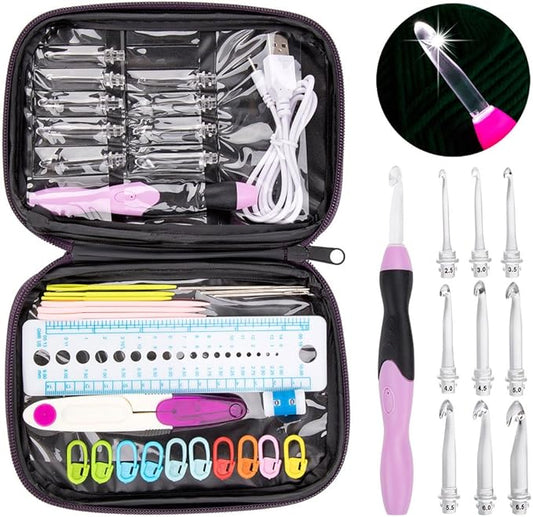 Vidillo Crochet Hooks Lights Set with Case, Ergonomic Rechargeable Lighted Hooks,9 Interchangeable Heads Hooks with a Crochet Hooks Case, Knitting Knit Needles Weave Yarn Sewing DIY Craft (Purple)