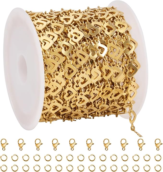 SMYHTGLIF 5 Meters Flat Heart Chain Bulk for Jewelry Making Stainless Steel Chain Bulk Roll with Lobster Clasps and Jump Rings
