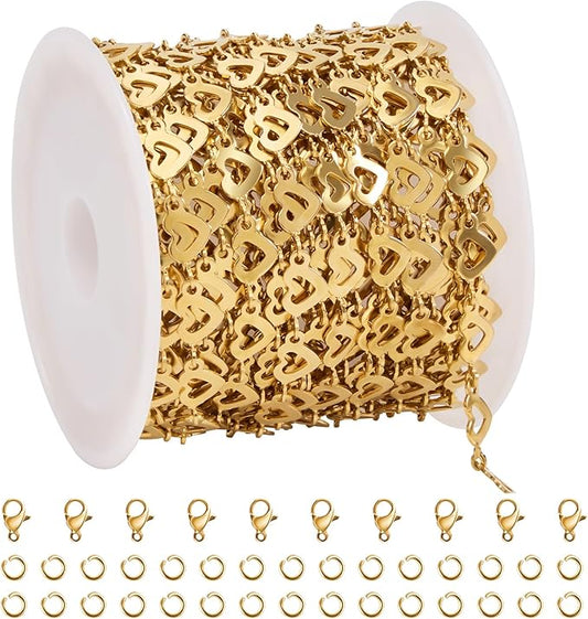 SMYHTGLIF 5 Meters Flat Heart Chain Bulk for Jewelry Making Stainless Steel Chain Bulk Roll with Lobster Clasps and Jump Rings
