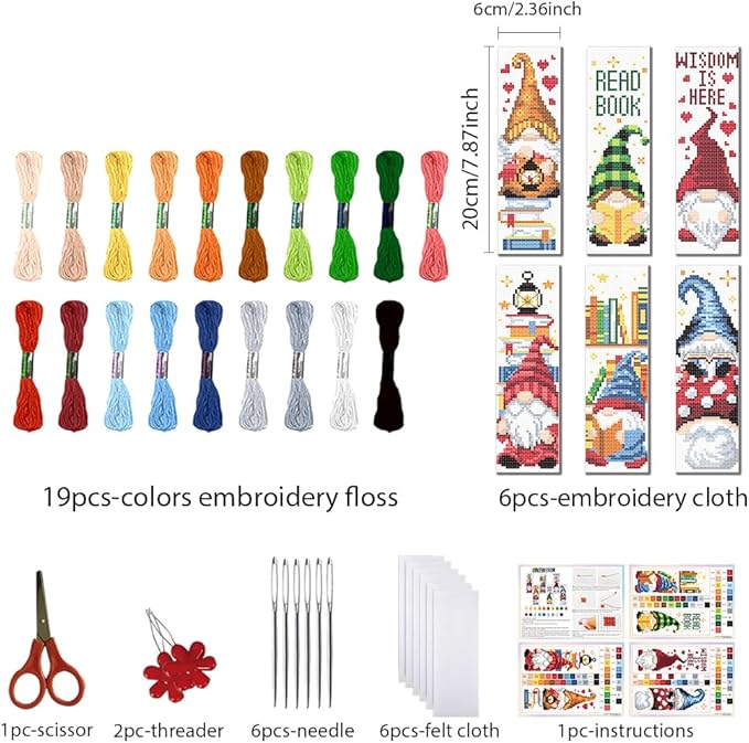 FREEBLOSS 6 Set Cross Stitch Bookmark Kit 11 CT Stamped Cross Stitch Kit DIY Embroidery Bookmark Kits for Adult Beginners with Instructions, Gnome Pattern, 6 x 20 cm/8" x 2.4"