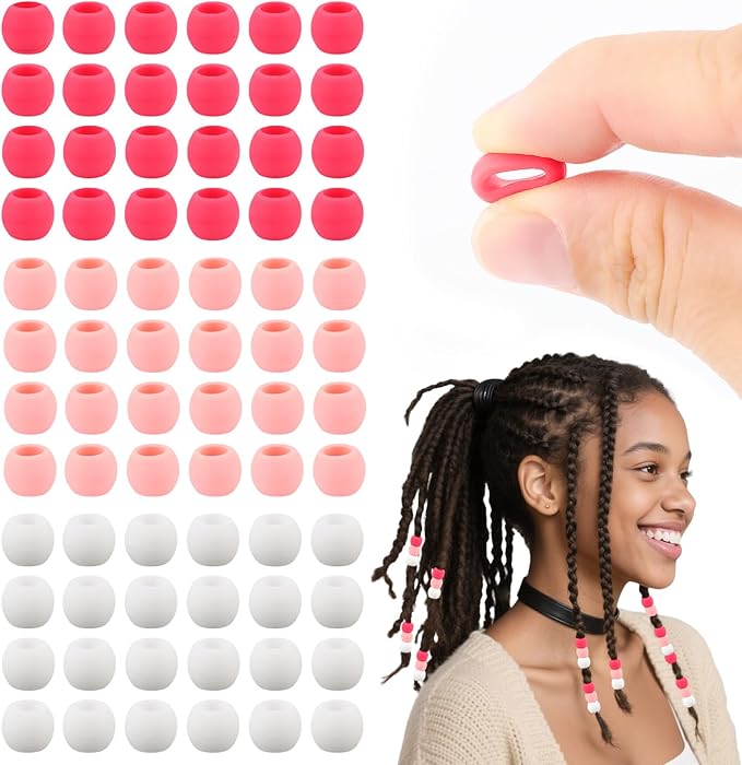 AD Beads 216PCS 6x9mm Soft Pony Silicone Beads for Hair, Pink Series with 80 Elastic Bands, Tool and Storage Box Kit for Braids, Bracelet, Crafts.