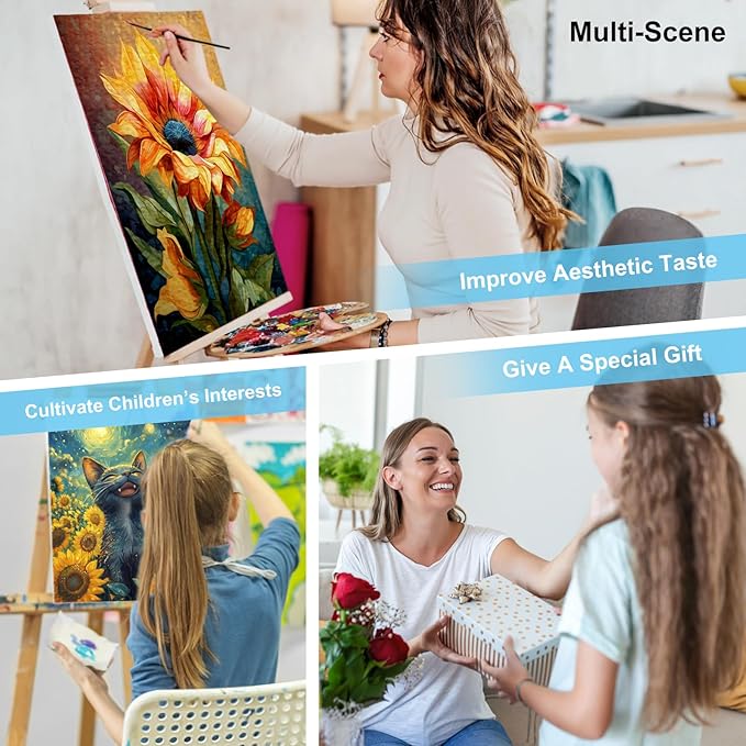 Offito Paint by Numbers Kit for Adults - Sunflowers Black Cat Acrylic Adult Paint by Number Kits on Canvas for Beginner, Starry Night DIY Oil Painting by Numbers for Adults Kit for Decor Gift 16"x20"