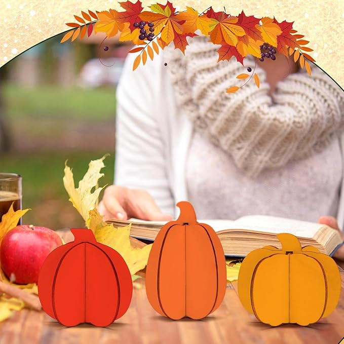 Blosssound 48 Pcs Fall Craft Set 36 Wood Pumpkin for Crafts 3D Pumpkin Cutouts with 12 Colored Markers Wooden Unfinished Slices to Paint for Thanksgiving Autumn Harvest DIY Handmade Tiered Tray Decor