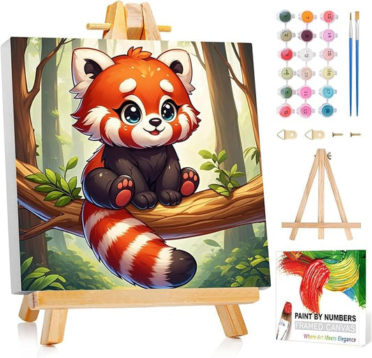 Reivworl Paint by Numbers Kit for Kids with Frame and Easel, Raccoon Paint by Number for Kids Age 6-8-12, Acrylic Paint by Numbers for Gifts and Home Decor - 8X8inch