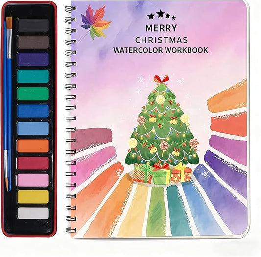 Watercolor Workbooks, Beginner Watercolor Painting Kit – 12 Colors Paint Set with Brush – Perfect for Gifting to Spark Creativity & Joy for Teens & Adults (Christmas)