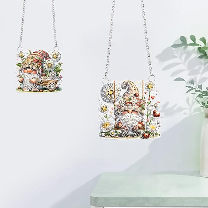 JISHSHAY 2 PCS Diamond Painting Pendant Gnome Diamond Paintings Dwarf Diamond Art Wind Chimes Special Shaped Diamond Painting Diamond Art Suncatchers Gnome Keychain Diamond Art Window Clings