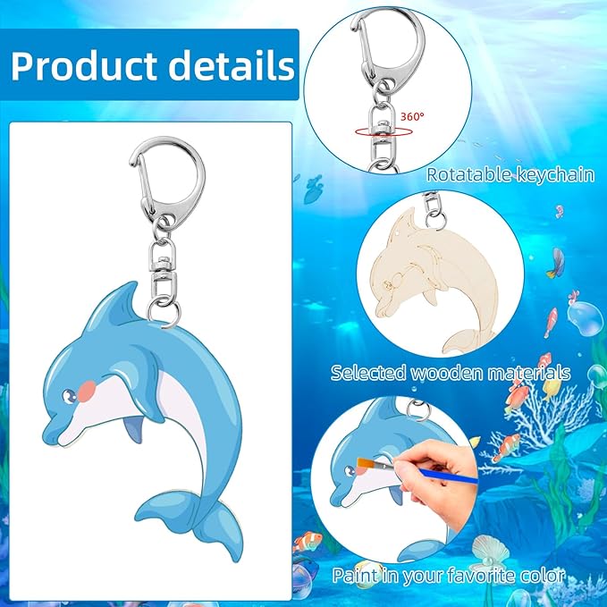 JHGCVX 30 Pieces Sea Life Painting Craft Kits，DIY Wooden Coloring Keychain for Christmas Gifts Ocean Theme Birthday Party Decorations Supplies