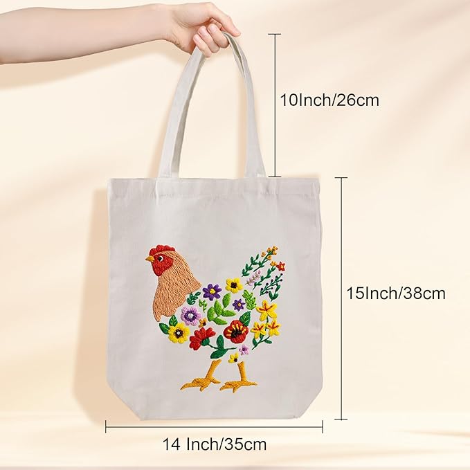 louise maelys embroidery kit canvas tote bag for beginners,cross stitch kits for adults,diy hen flowers pattern,women shopping reusable grocery bags