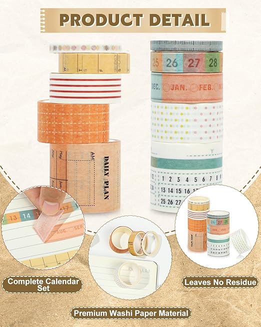 EORTA 10 Rolls Retro Calendar Washi Tapes, 5 Sizes Self-Adhesive Decorative Sticker for Daily Weekly Monthly Planner, Scrapbook, Journal & Bible Journaling, Dotted/Striped Craft Gift Wrap Tape