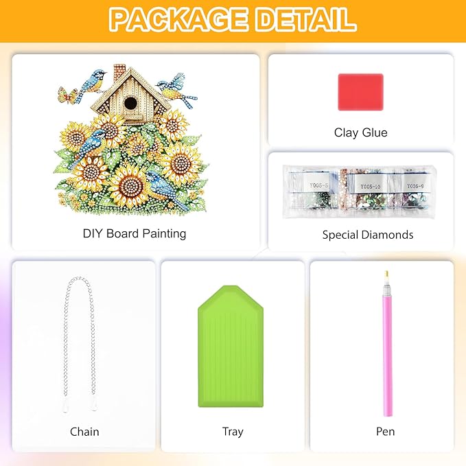 QENSPE Diamond Painting Art Hanging Kits for Adults, 5D Sunflower Diamond Paingting Ornaments with Chain, DIY Blue Birds Crystal Window Pendants for Home Wall Decor Double Sided Gift 8X8 inch