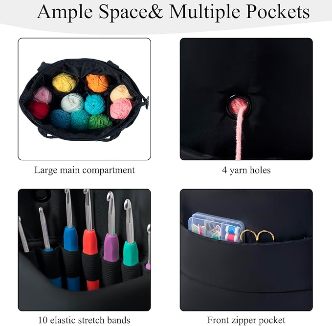 Crochet Bag for Yarn Storage, Puffer Knitting Bag with Soft Handles, Lightweight Yarn Storage Organizer with Zipper for Crochet Accessories, Gifts for Crocheters (Black)