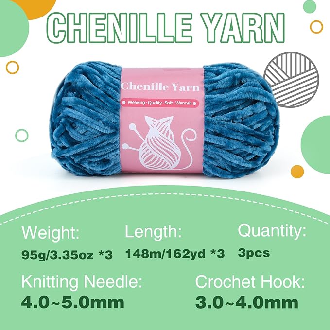 LUNARM Chenille Velvet Yarn for Crocheting Knitting with Big Eye Needles, Handcrafts Weaving Soft Chenille Yarn for Making Blankets Clothes Pattern Knitting-3 * 3.35oz,3 * 162yds (Peacock Blue)