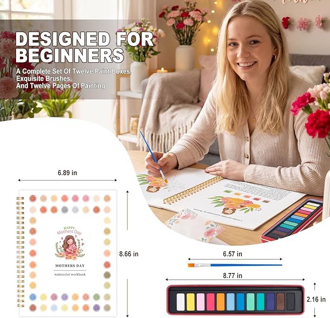 Metyond Mother's Day Watercolor Workbook for Adults - Watercolor Coloring Book with 1 Workbook 12 Colors Paint Set with Brush, Beginner Friendly Watercolor Workbooks Set Mother's Day Gift
