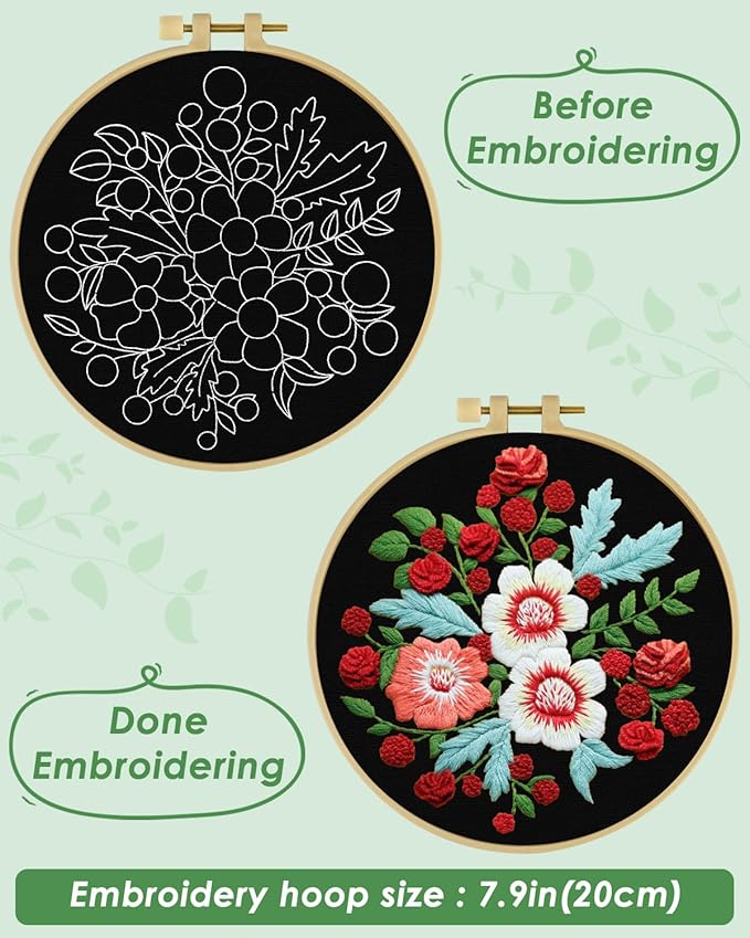 ERKOON Embroidery Kit for Beginners, Flower Cross Stitch Set for Include Embroidery Cloth Hoops Threads for Craft Lover Hand Stitch with Embroidery Skill Techniques (Dream Black Cloth)