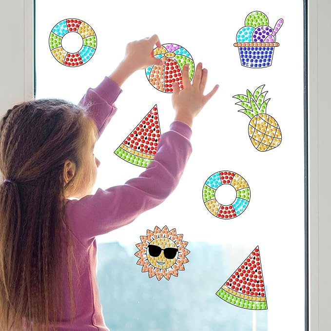 Qyeahkj 6pcs Summer Arts and Crafts Kits Suncatcher Easy Art Craft for Kids Children Teenagers at 4-12 DIY Fun Sun Fruit Diamond Painting Kits for Girls Boys Ages 3 4 5 6 8 10 12