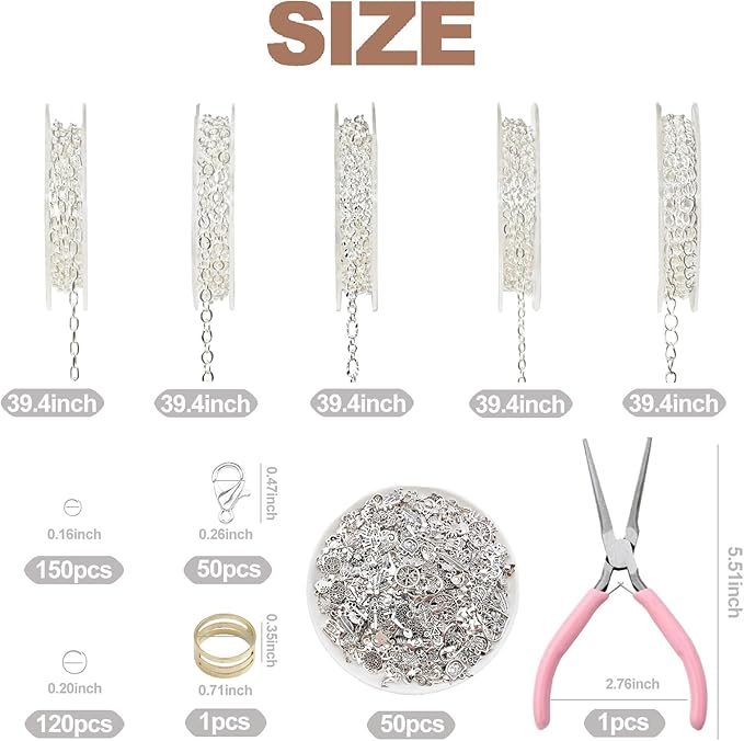 XKCWXY Necklace Chain for Jewelry Making,16.4 ft 5 Rolls Silver Plated Chains for DIY Necklace Bracelet Jewelry Making Accessories with Charm Pendants Jump Rings Lobster Clasps Pliers