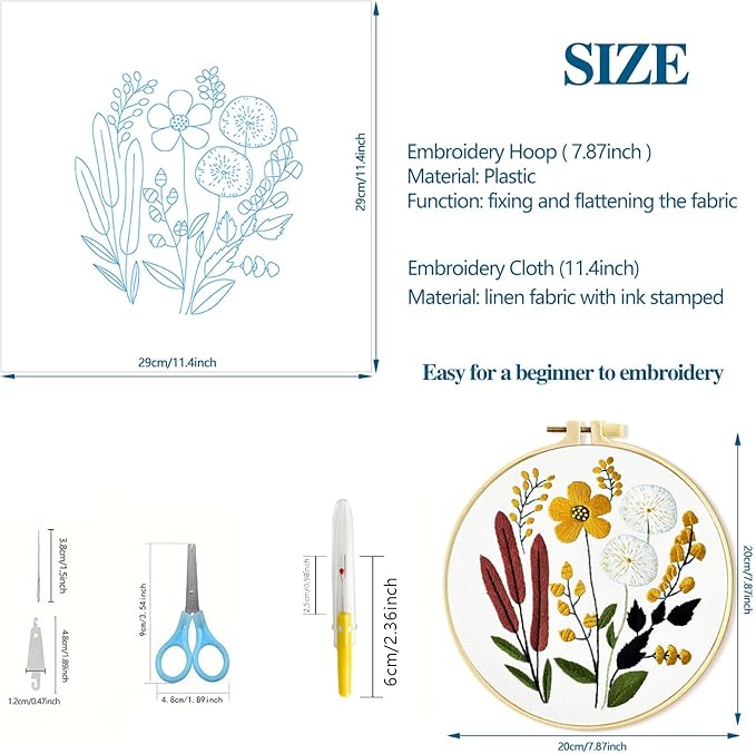 Zhenqing Floral Embroidery Kit - 4 Piece 29x29cm Round Hoop Art Set with Pre-Printed Cotton Fabric, Embroidery Hoop, Threads & Tools for Beginners (C0010)