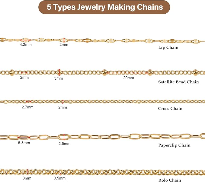 UMAOKANG 5 Rolls 39.4 Feet Gold Plated Stainless Steel Chains for Jewelry Making Dainty Jewelry Making Chains Bulk with Jewelry Findings