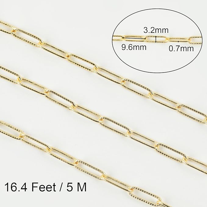 Jabogrii 16.4 Feet Embossed Paperclip Chain for Jewelry Making Gold Plated Brass Necklace Bracelet Chain Bulk Soldered Jewelry DIY Roll