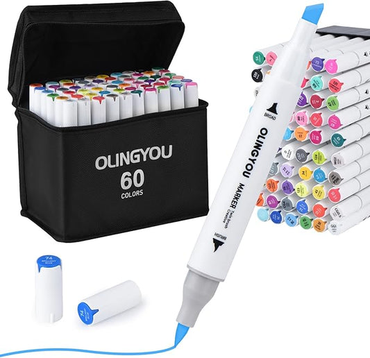 alcohol markers brush tip, 60 Colors Brush & Chisel Permanent Alcohol Markers Set, Dual Tip Art Markers Set for Adult Coloring Book