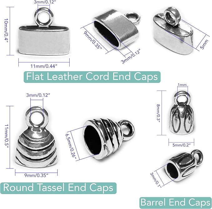 Silver Cord End Cap 90 Pcs Kumihimo Kit Flat Leather Cord End Caps Round Tassel End Caps Barrel End Caps Bracelet Making Supplies Leather Bracelet Making Kit by Heather's cf