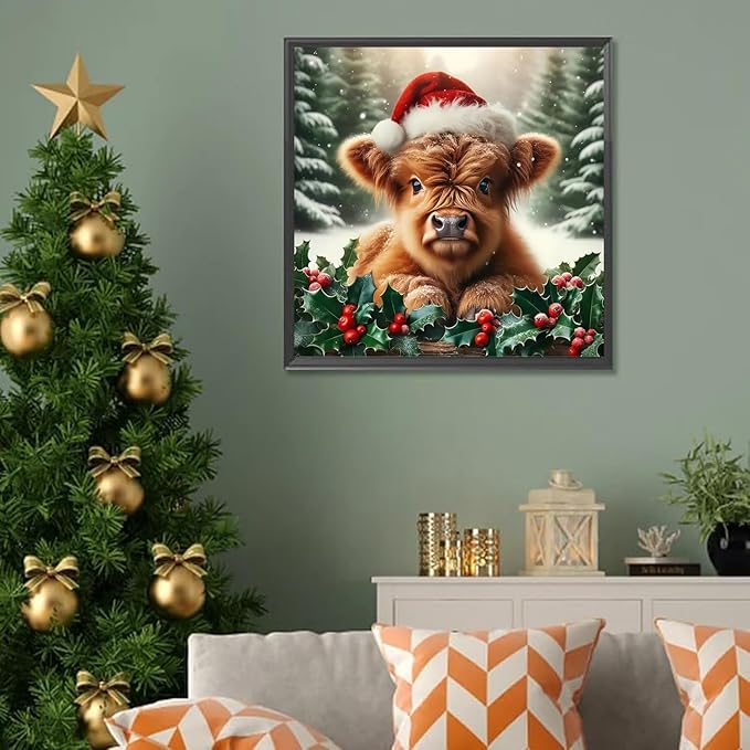 Semneroy Christmas Highland Cow Diamond Art Kits for Adult, Xmas 5D Diamond Painting for Beginnger,DIY Full Drill Winter Holiday Rhinestone Diamond Dots Gem Painting Art Craft Home Decor 14 x14 Inch