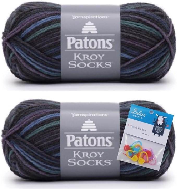 Patons Kroy Socks Yarn 2-Pack Bundle with Bella's Crafts Stitch Markers (Magic Stripes)