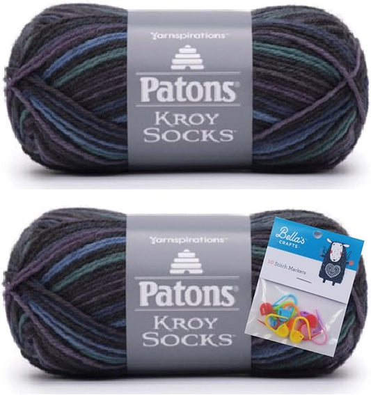 Patons Kroy Socks Yarn 2-Pack Bundle with Bella's Crafts Stitch Markers (Magic Stripes)