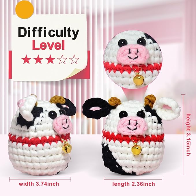 GougouStar Crochet Kit for Beginners, Animal Crochet Kits, Knitting Kit with Step-by-Step Video Tutorials and Crochet Accessories - Amigurumi Beginner Crochet Kit (Cow)