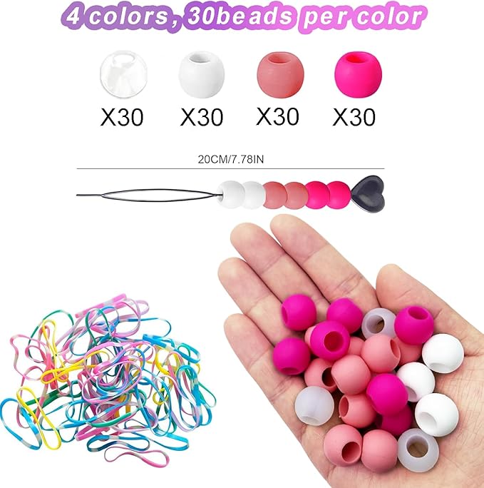 120Pcs 14mm Large Silicone Beads for Hair Braids, Soft Jellyish Hair Beads with 7mm Hole + 50 Rubber Bands and 1 Beader for Braiding, DIY Bracelets Necklaces Crafts(Rose Red)