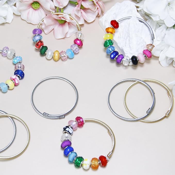 Exway 20 Pcs Elastic Charm Bracelet Chain Stainless Steel Cable Wire Twisted Cuff Bangle Bracelet Gold and Sliver Charm Bracelets Kit for Crafts DIY Women Jewelry Making