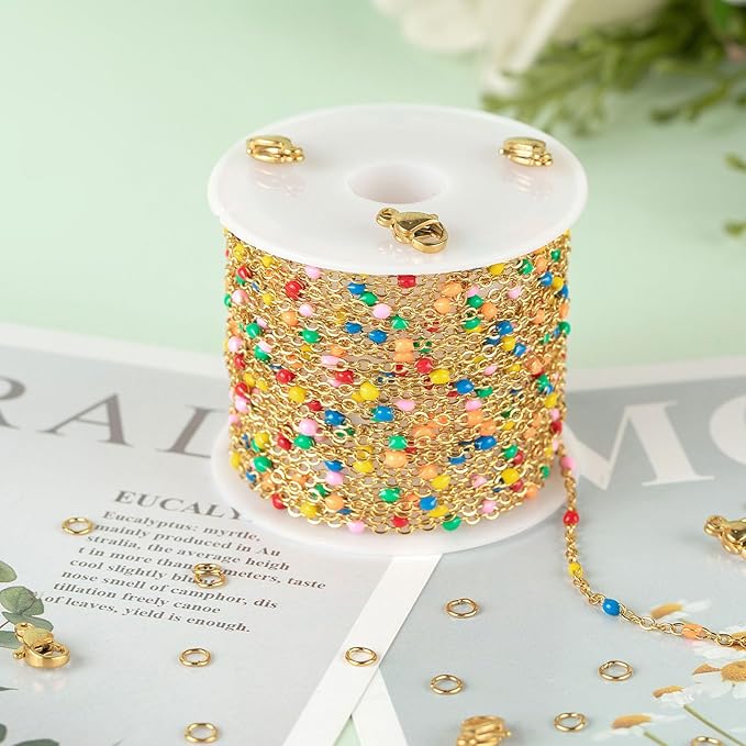 KYUNHOO 16.4 Feet Gold Jewelry Chains for Necklaces Crafting Multicolor Enamel Bead Chain Roll Soldered Stainless Steel Chain for Jewelry Making with Lobster Clasps Jump Rings