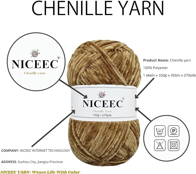 NICEEC 2 Skeins Soft Chenille Yarn Blanket Yarn for Knitting Fancy Yarn for Crochet Weaving DIY Craft Total Length 2×255m (2×279yds, 2×150g)_Dark Brown