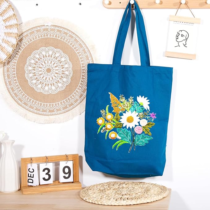Canvas Tote Bag Embroidery Kit with Pattern for Beginners, Arts and DIY Embroidery Crafts Kits for Adults, Instructions, thimble, Embroidery Hoops, Color Threads (darkblue, CR002 chenhuicaoxin)