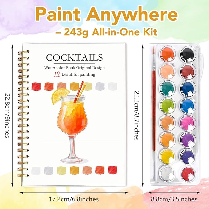 Easy Watercolor Workbook for Beginners - 12 Beautiful Step-by-Step Paintings Water Coloring Book, Includes 16 Colors Paints, Relaxing Art Projects and Creative Gift for Adults & Teen (Cocktails)