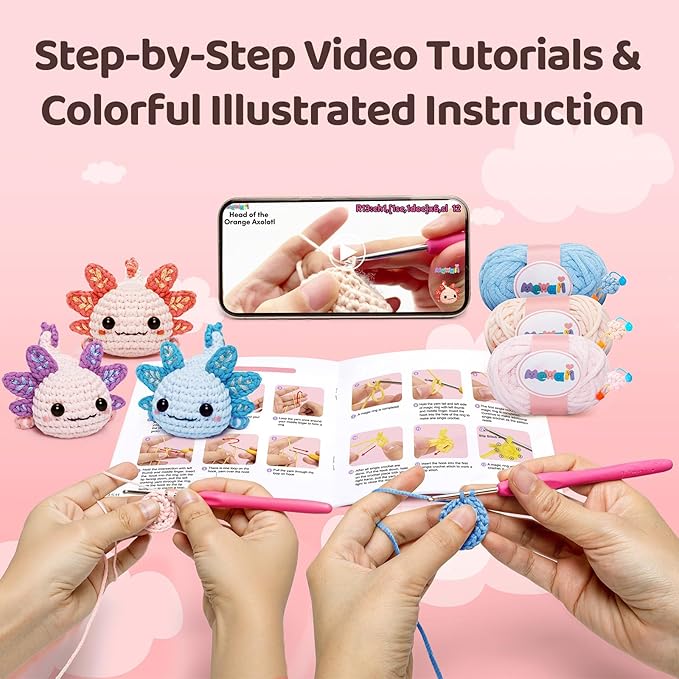 Mewaii Beginner Crochet Kit with 40% Extra Yarn, Pre-Started Yarn & Video Tutorials - 3 Axolotl Craft Set for Adults & Kids