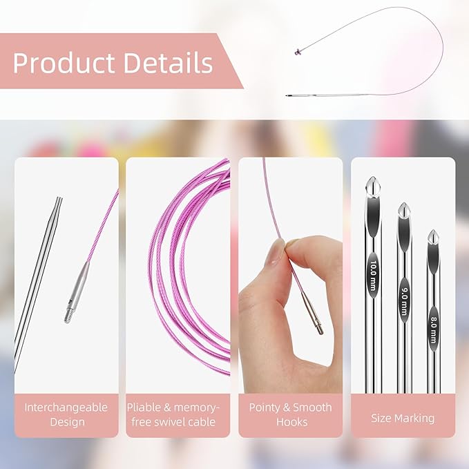 AIYUNDI Tunisian Crochet Hooks Set with Cable, 6-Inch Aluminum Interchangeable Crochet Hooks 3mm-10mm, Long Crochet Hooks, Lightweight, Anti-Twist Swivel Cables, Ergonomic, Pink 26 PCS