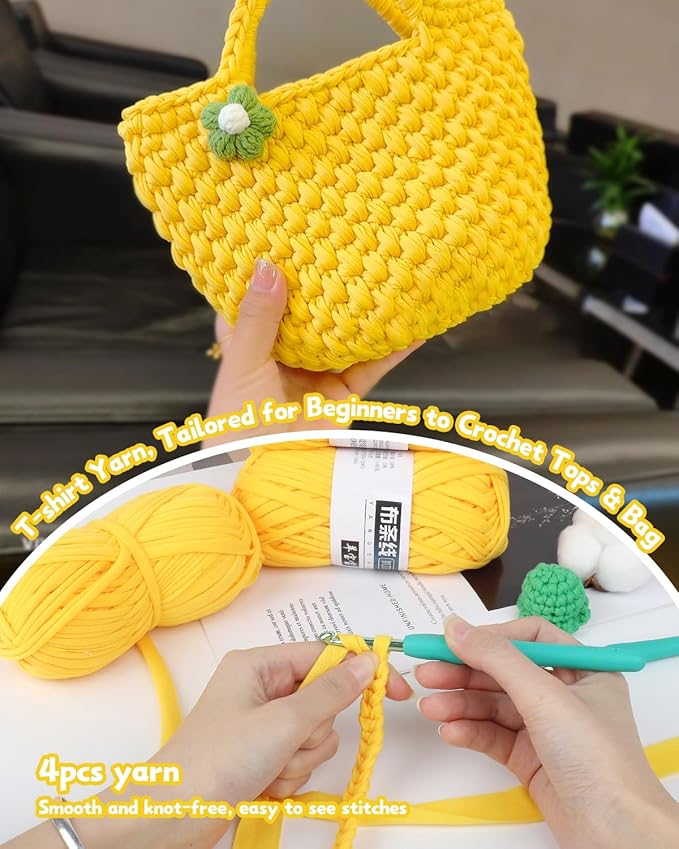 Katech 4 Pack 100g T Shirt Fabric Yarn Kit for DIY Hand Knitting, 130 Yds Spaghetti Yellow Crochet Cloth for Crocheting Bag, Basket & Blanket With 2 PCS Ergonomic Hooks