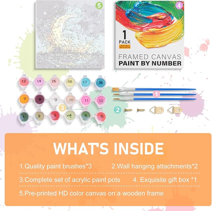 Framed Paint by Numbers Kit for Adults Beginners & Kids Ages 8-12, Sea and Moon Acrylic Easy Paint by Number with Frame, Watercolor Paint by Number Kits on Canvas Framed (10 * 10 Inch, without Easel)