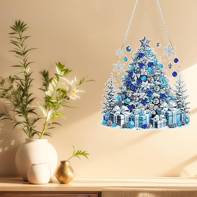 SHLUHA Diamond Art Kits for Adults Diamond Art Christmas Tree Design Special Shape Acrylic Hanging Pendant Crystal Mosaic Home Wall Door Window Decor with Chain Handmade Christmas Gift(LG76)