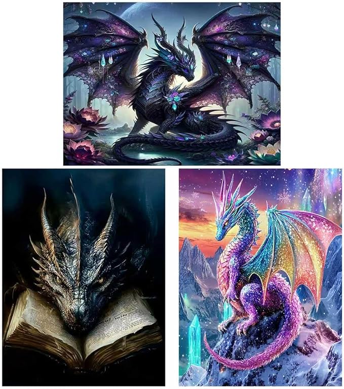 Meothan 3 Pack Diamond Art Kits for Adults, Dragon Diamond Painting Kits for Adults, 5D DIY Round Drill Gem Art Paint with Diamonds Dots Crafts Kits for Home Decor Gift 12x16inch