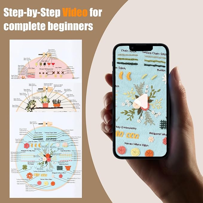 hi-yomilaugh 3 pack beginner embroidery kit & cross stitch kits for adults, needles & tools, easy needlepoint set with step-by-step instructions & video tutorial