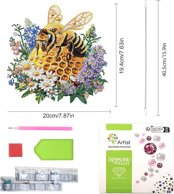 Lxmsja DIY Elegant Bee Diamond Painting Hanging Ornament, Double-Sided Acrylic Honeycomb Diamond Art Kit, Special Shaped Suncatcher Hanging Pendant Window Art Kit