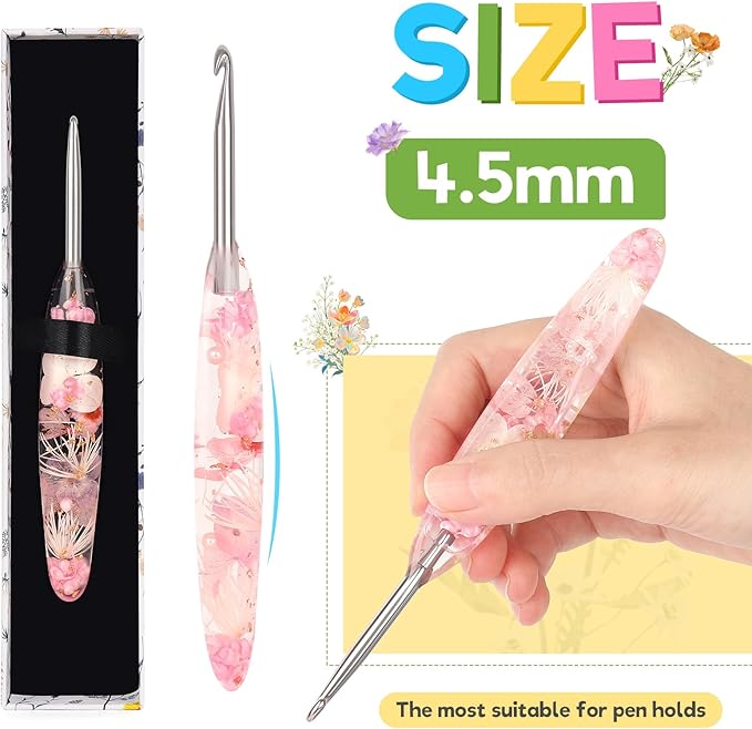 Katech 4.5mm Crochet Hook for Arthritic Hands, Hand-Polished Stainless Steel Ergonomic Crochet Hooks with Customized Sparkle Dried Floral Grip, Soft Tapered Hook-Crochet Gift for Beginner & Crocheter