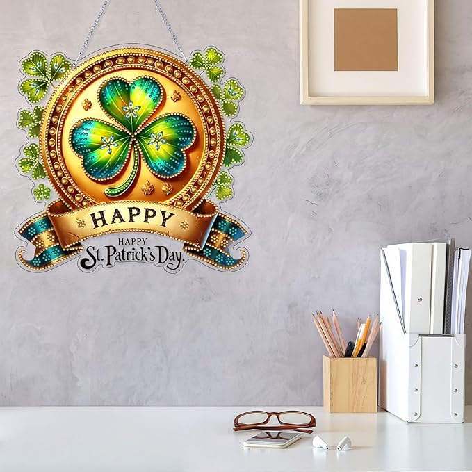 VODAPYC Saint Patrick's Day Diamond Art Hanging Kits for Adults, DIY Double Sided Special Shaped Diamonds Art Window Pendant Ornament for Home Decor(Clover Wreath)