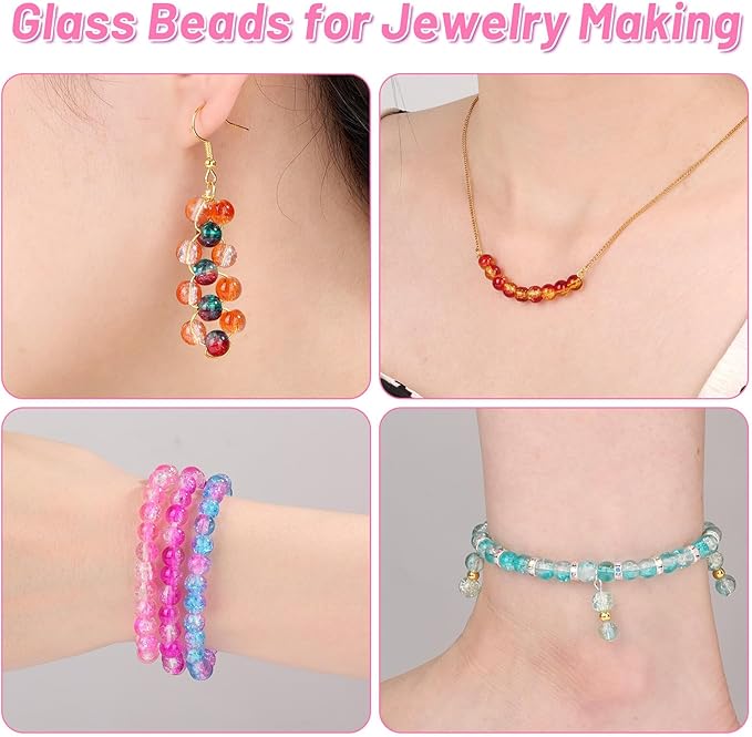 shynek 1400 Pieces 6mm Round Glass Beads for Bracelets, 28 Colors Bracelet Beads, Glass Crystal Beads for Jewelry Making, Bracelet Making and DIY Crafts(Crackle Color)