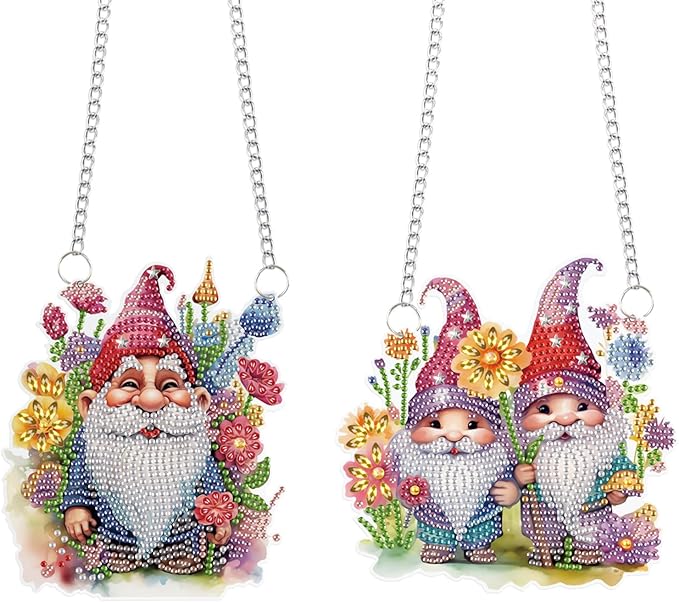 2 Pcs DIY Diamond Painting Gnome Hanging Ornaments – 5D Special-Shaped Dwarf Pendants with Floral Accents, Acrylic Window & Wall Decor Kit for Home and Gift