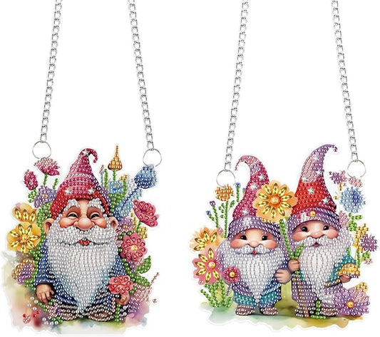 2 Pcs DIY Diamond Painting Gnome Hanging Ornaments – 5D Special-Shaped Dwarf Pendants with Floral Accents, Acrylic Window & Wall Decor Kit for Home and Gift